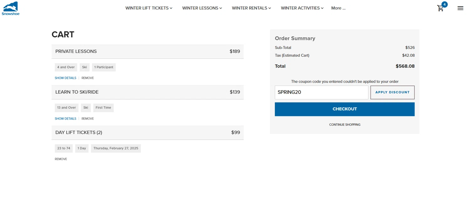 Snowshoe Mountain discount code screenshot showing code SPRING20 applied at Snowshoe Mountain checkout page. Uploaded by SimplyCodes community member Lioniel on Feb 25, 2025