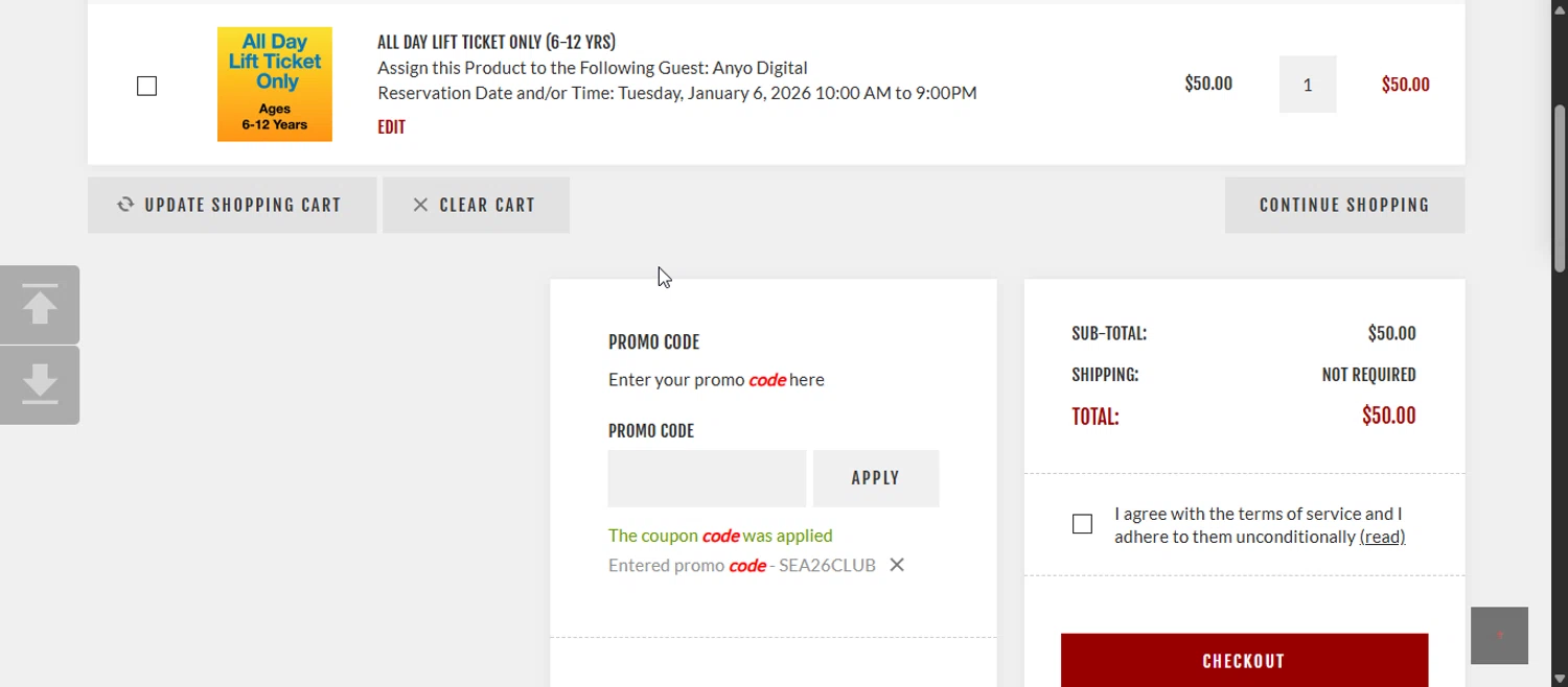 Snow Trails promo code screenshot showing code SEA26CLUB applied at Snow Trails checkout page. Uploaded by SimplyCodes community member 111111 on Nov 3, 2025