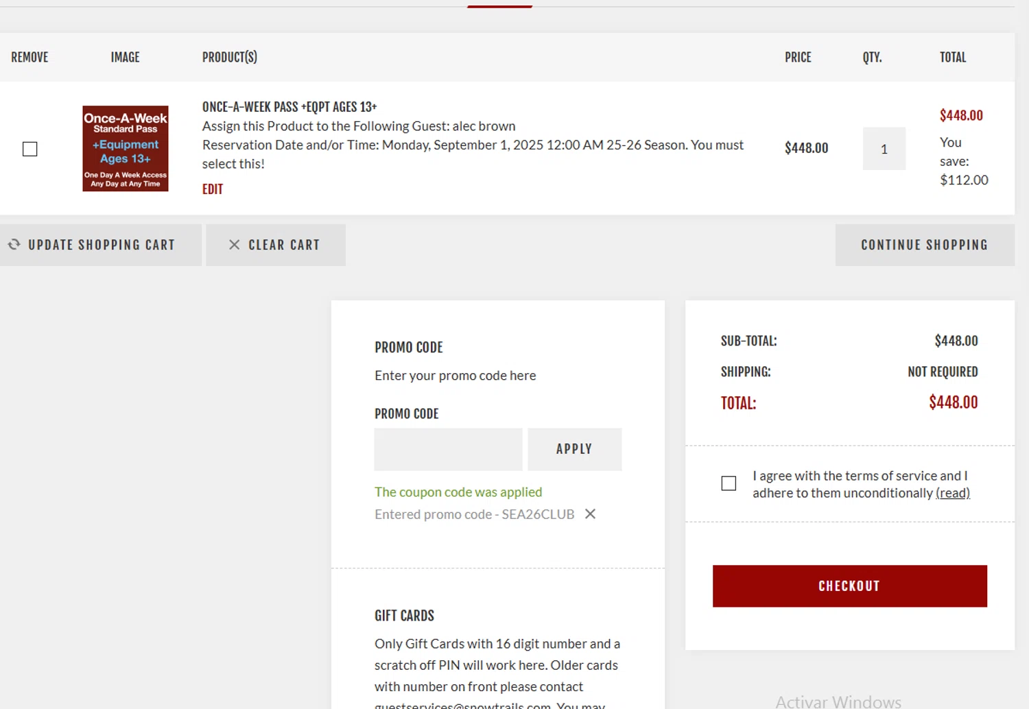 Snow Trails promo code screenshot showing code SEA26CLUB applied at Snow Trails checkout page. Uploaded by SimplyCodes community member SavvyLegend1586 on Nov 3, 2025