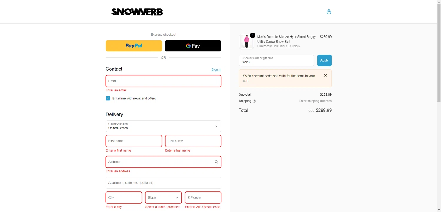 Snowverb discount code screenshot showing code SV20 applied at Snowverb checkout page. Uploaded by SimplyCodes community member CleverHawk1744 on Dec 16, 2025