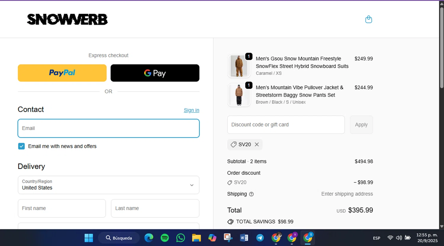 Snowverb discount code screenshot showing code SV20 applied at Snowverb checkout page. Uploaded by SimplyCodes community member FrugalVirtuoso6318 on Sep 20, 2025