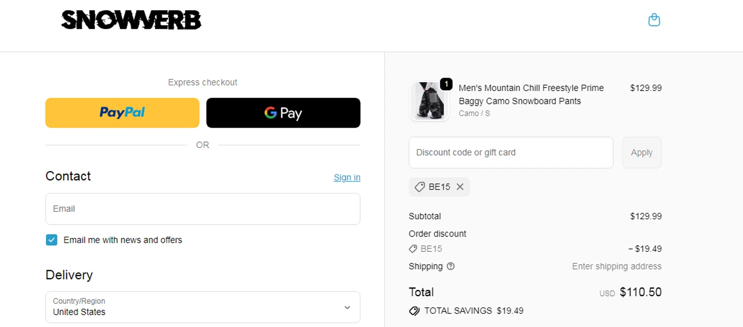 Snowverb discount code screenshot showing code BE15 applied at Snowverb checkout page. Uploaded by SimplyCodes community member SilverMakeup on Feb 21, 2026