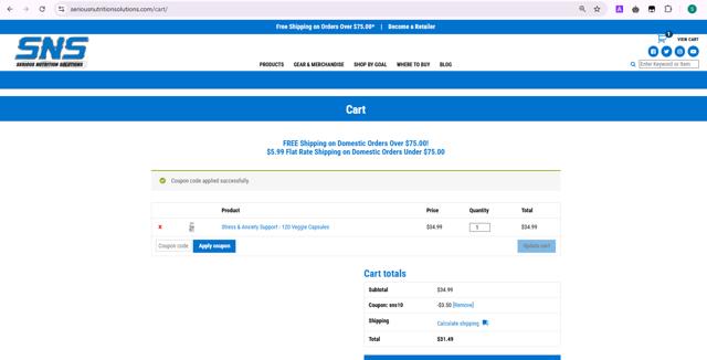 SNS checkout page showing SNS promo code box | Screenshot taken by SimplyCodes community member on May 11, 2025