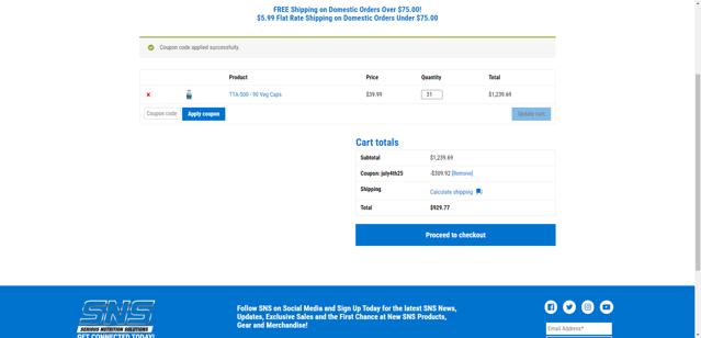 SNS checkout page showing SNS promo code box | Screenshot taken by SimplyCodes community member on Jul 4, 2025