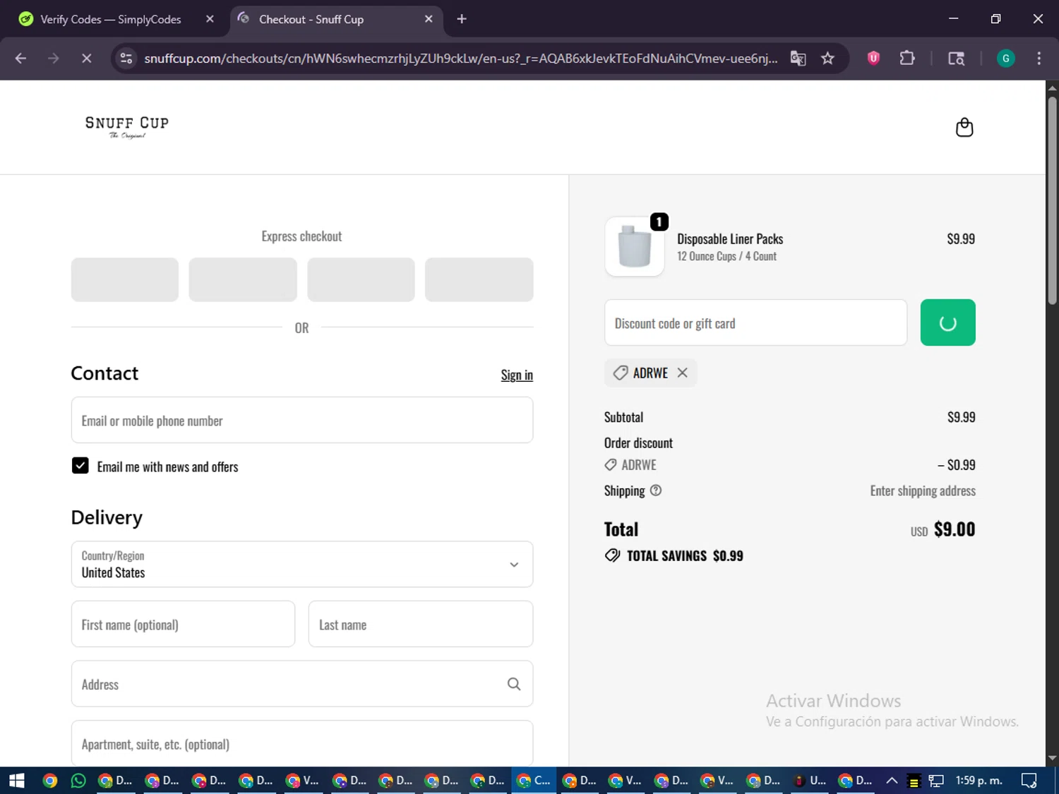 Snuff Cup promo code screenshot showing code adrwe applied at Snuff Cup checkout page. Uploaded by SimplyCodes community member PennyFinder5759 on Dec 26, 2025