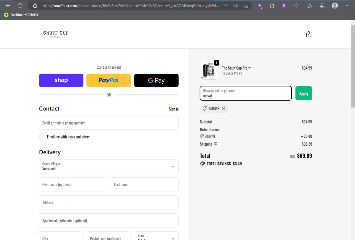 Snuff Cup promo code screenshot showing code adrwe applied at Snuff Cup checkout page. Uploaded by SimplyCodes community member ROCKSORD_2 on Dec 26, 2025