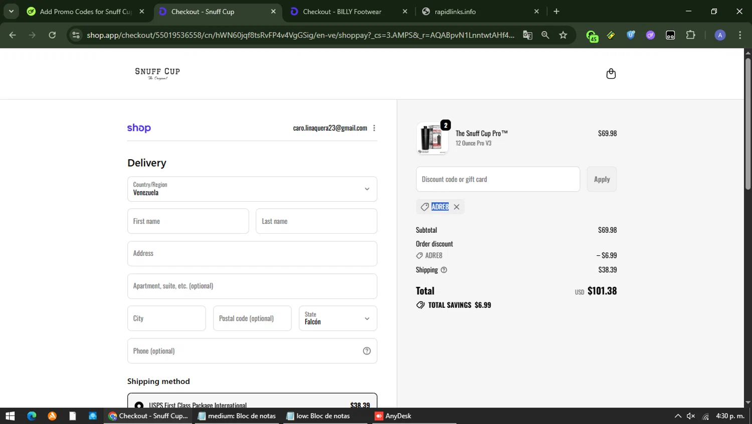 Snuff Cup promo code screenshot showing code ADRE8 applied at Snuff Cup checkout page. Uploaded by SimplyCodes community member Carolina23 on Jan 6, 2026