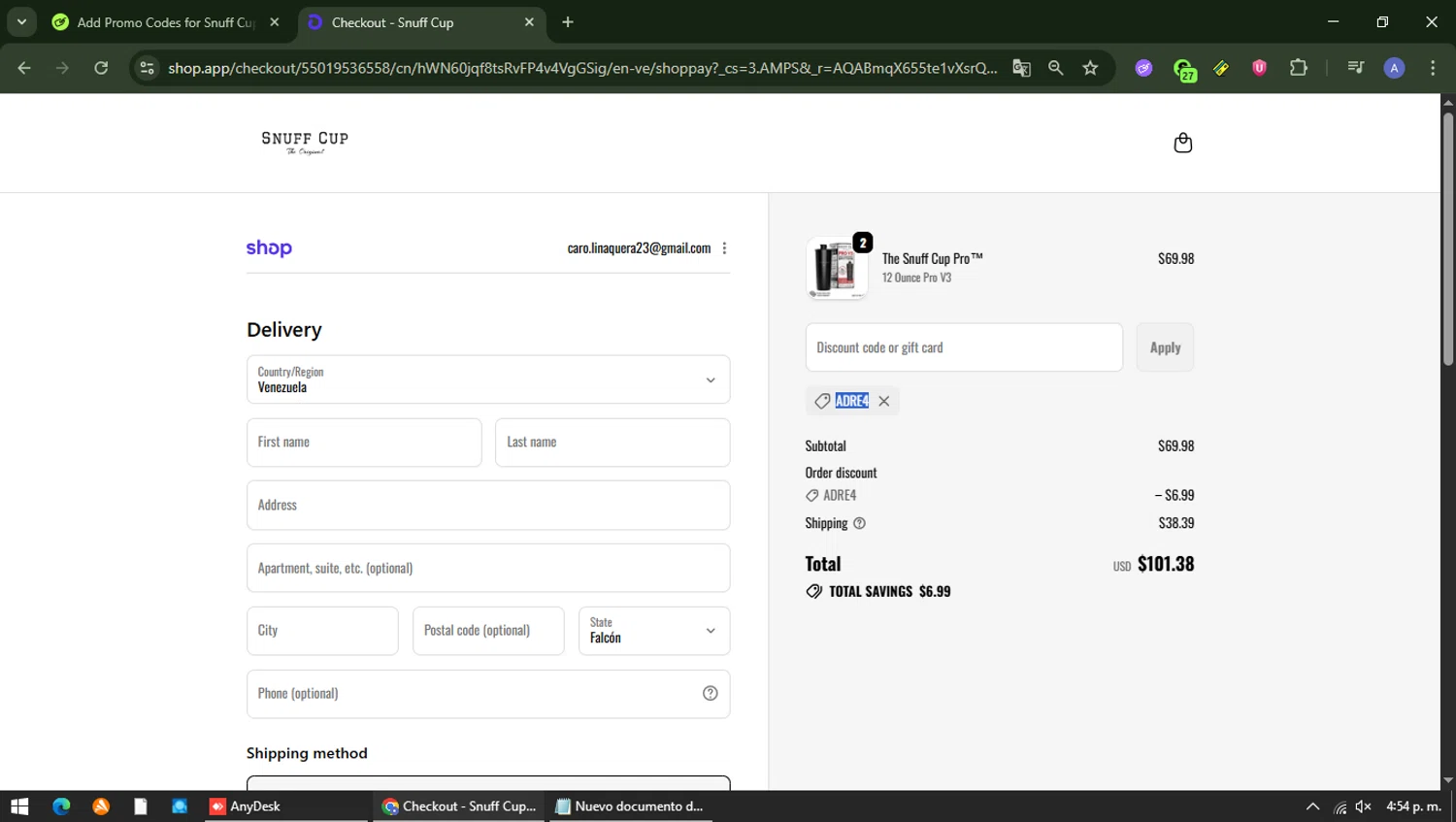 Snuff Cup promo code screenshot showing code ADRE4 applied at Snuff Cup checkout page. Uploaded by SimplyCodes community member Carolina23 on Dec 15, 2025