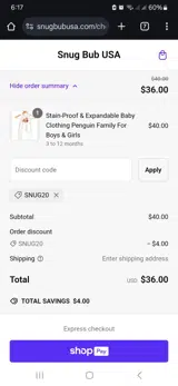 SNUG20 coupon verification screenshot