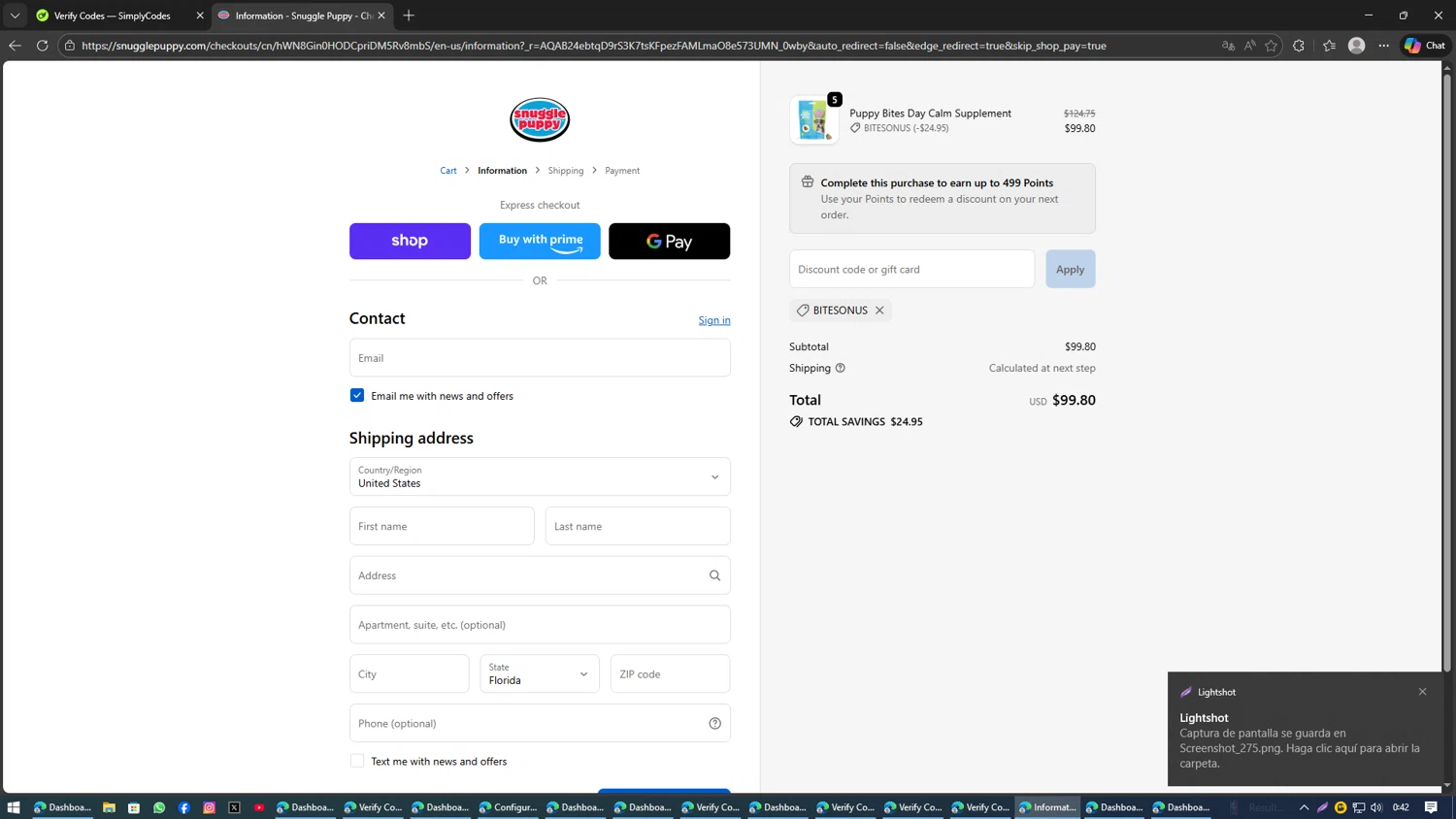 Snuggle Puppy promo code screenshot showing code BITESONUS applied at Snuggle Puppy checkout page. Uploaded by SimplyCodes community member SAKURA on Feb 1, 2026