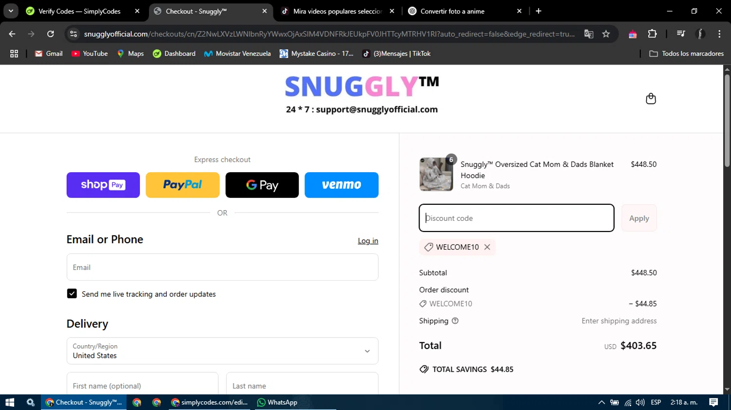 Snuggly discount code screenshot showing code WELCOME10 applied at Snuggly checkout page. Uploaded by SimplyCodes community member ChinoYugiXD on Apr 20, 2025