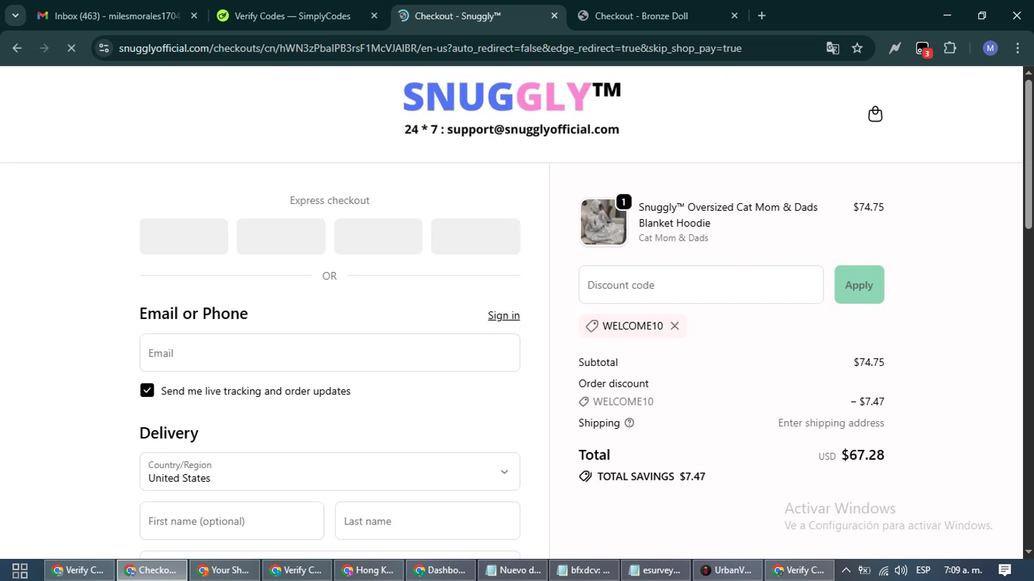 Snuggly discount code screenshot showing code WELCOME10 applied at Snuggly checkout page. Uploaded by SimplyCodes community member PrimeFox5260 on Oct 11, 2025