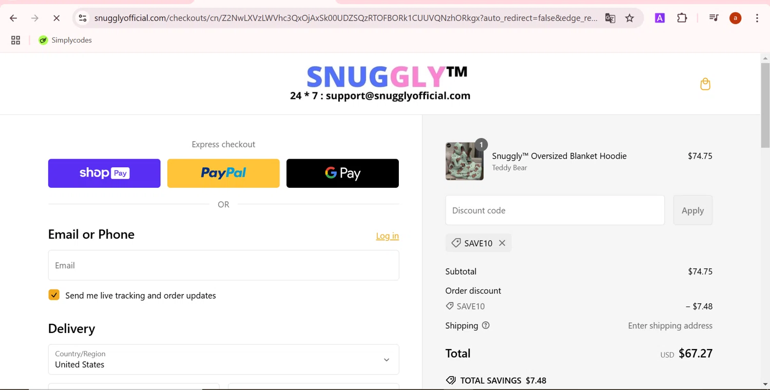 Snuggly discount code screenshot showing code SAVE10 applied at Snuggly checkout page. Uploaded by SimplyCodes community member ValueAdmiral6504 on Feb 15, 2025