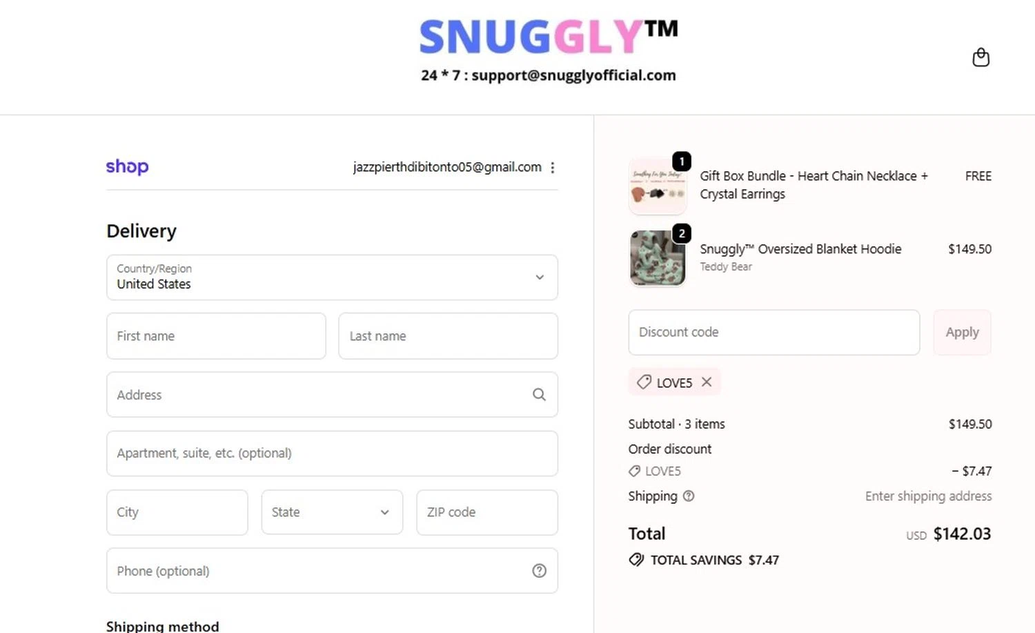 Snuggly discount code screenshot showing code love5 applied at Snuggly checkout page. Uploaded by SimplyCodes community member FortunateScholar5901 on Oct 15, 2025