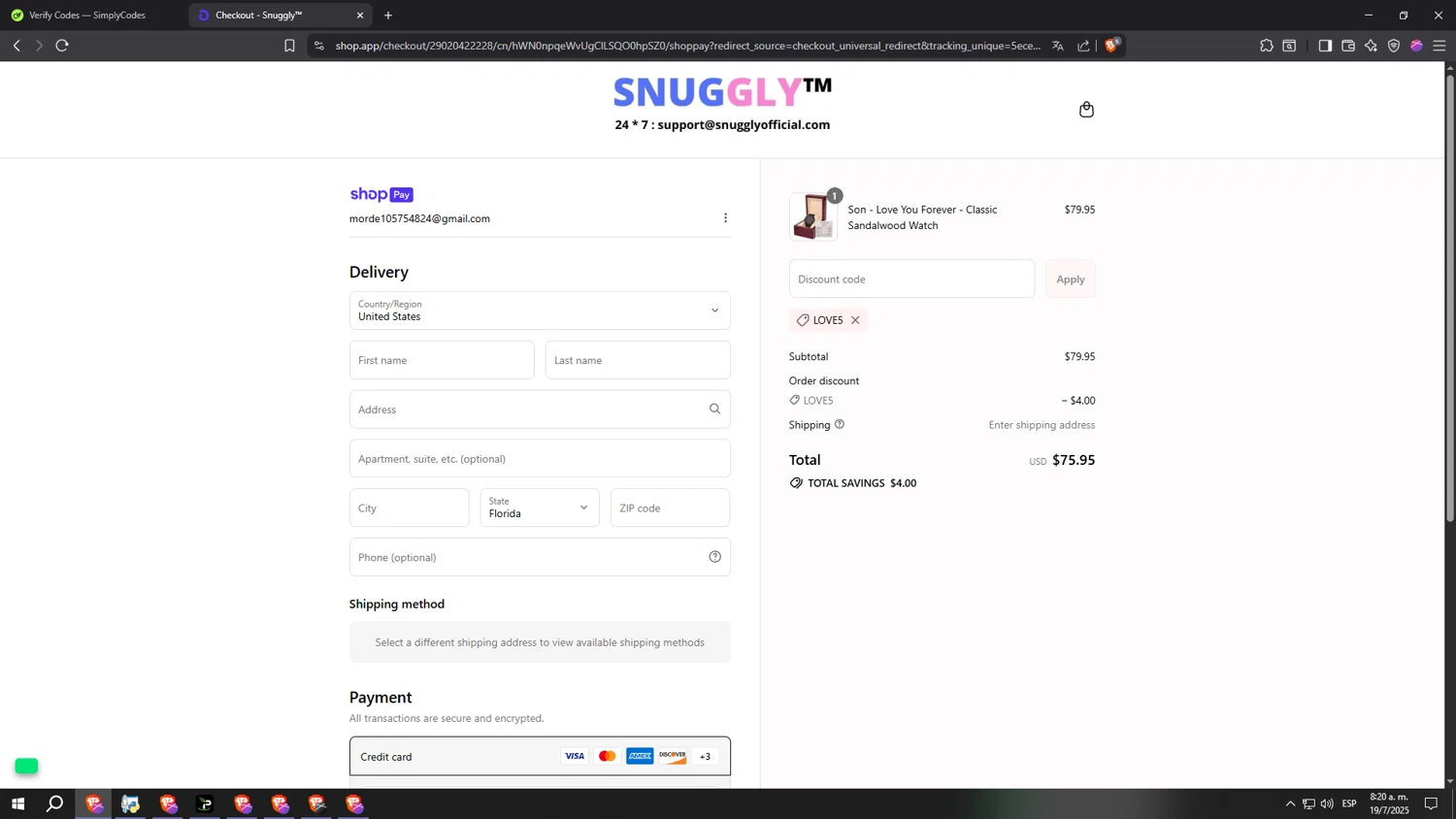 Snuggly discount code screenshot showing code love5 applied at Snuggly checkout page. Uploaded by SimplyCodes community member kkkkkkkkkkkkkkkkkkkk on Jul 19, 2025