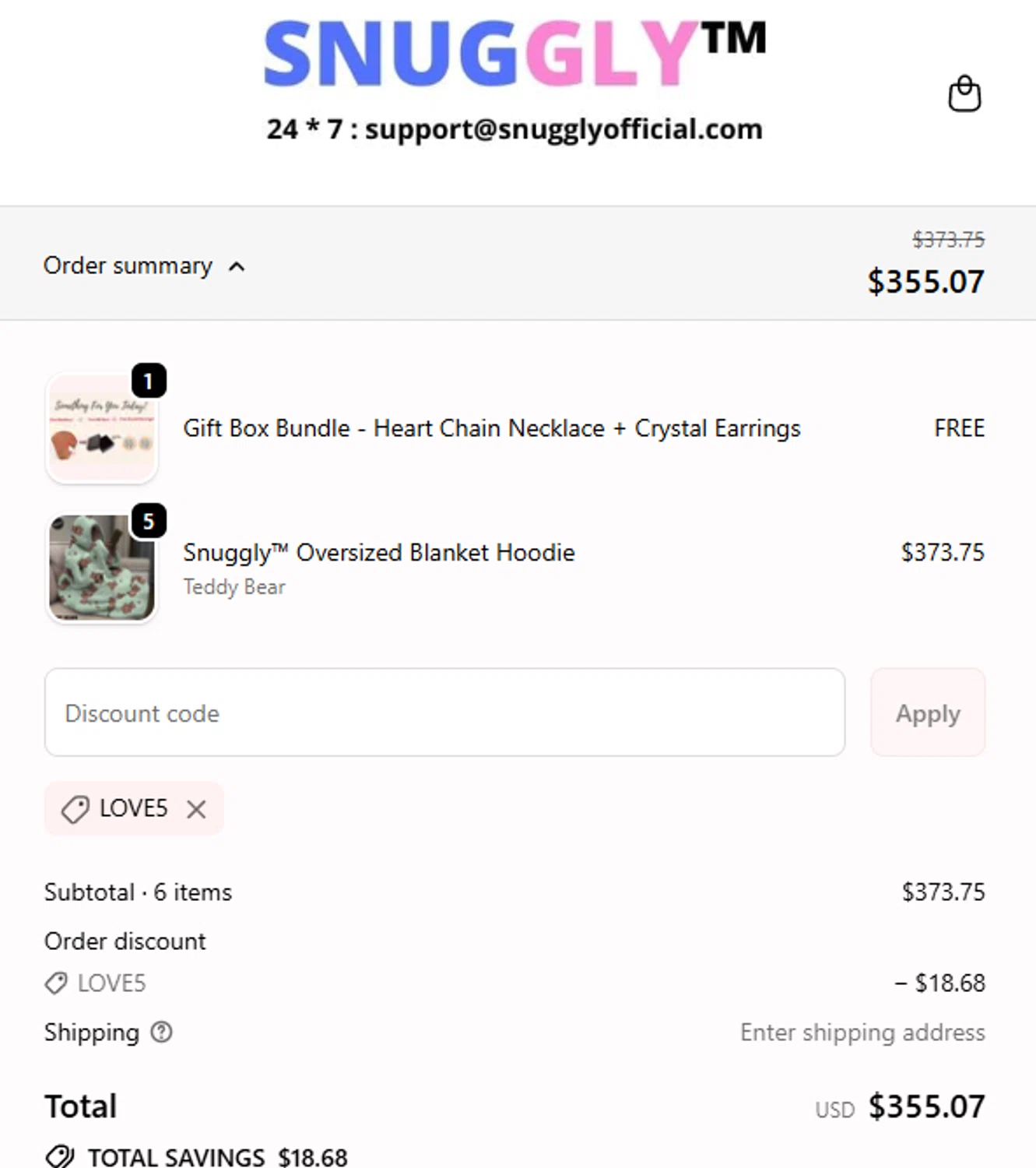 Snuggly discount code screenshot showing code love5 applied at Snuggly checkout page. Uploaded by SimplyCodes community member cuticula on Nov 3, 2025