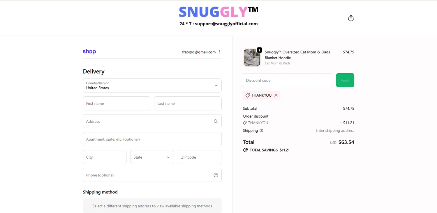 Snuggly discount code screenshot showing code THANKYOU applied at Snuggly checkout page. Uploaded by SimplyCodes community member kalltrom21 on Dec 29, 2025