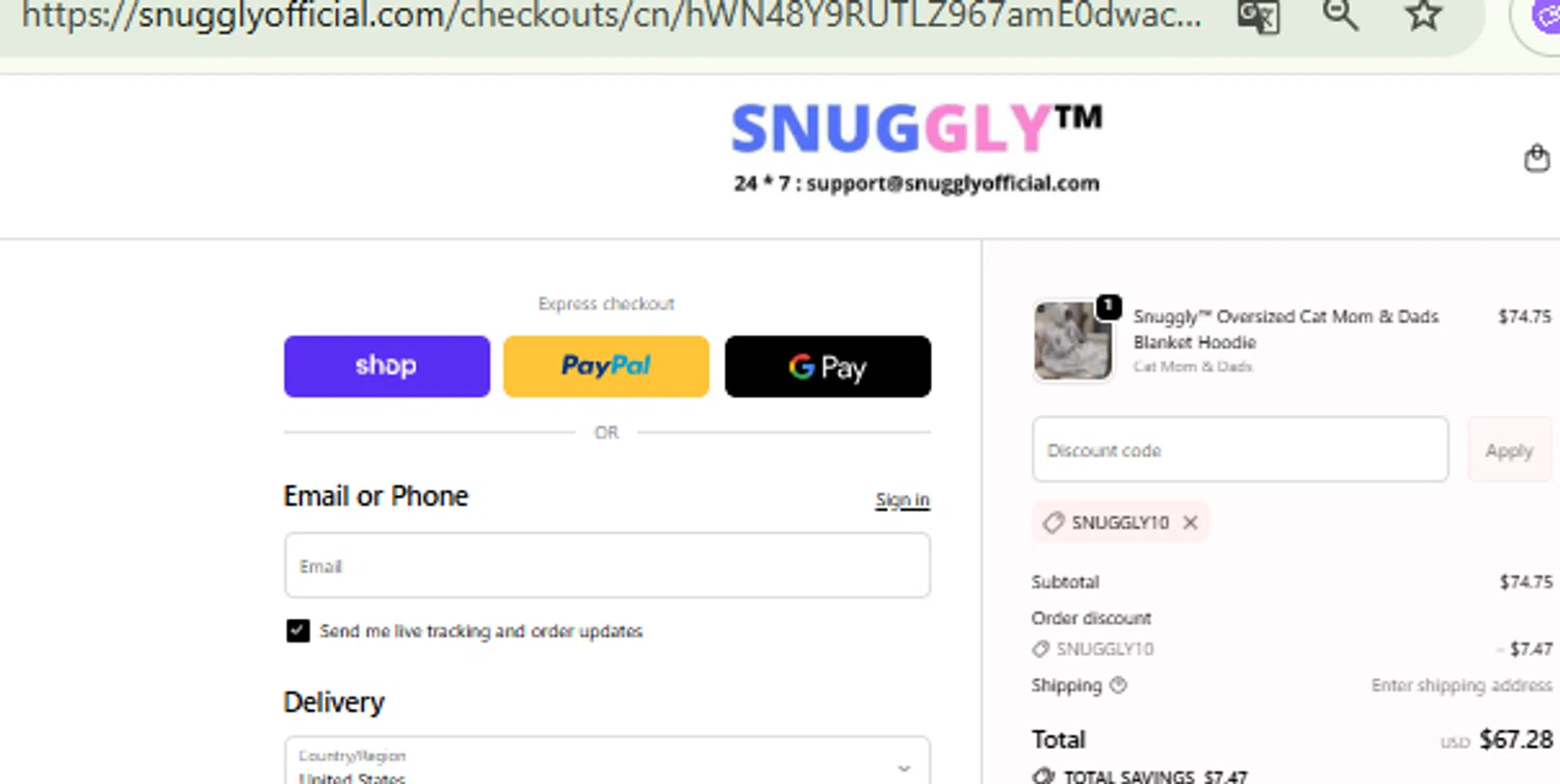 Snuggly discount code screenshot showing code SNUGGLY10 applied at Snuggly checkout page. Uploaded by SimplyCodes community member RewardFinder4836 on Oct 15, 2025