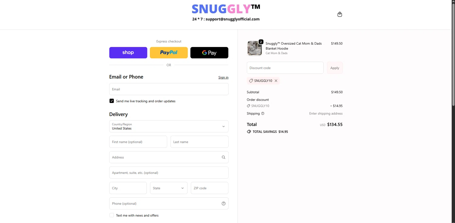 Snuggly discount code screenshot showing code SNUGGLY10 applied at Snuggly checkout page. Uploaded by SimplyCodes community member TreasureHero9595 on Sep 25, 2025