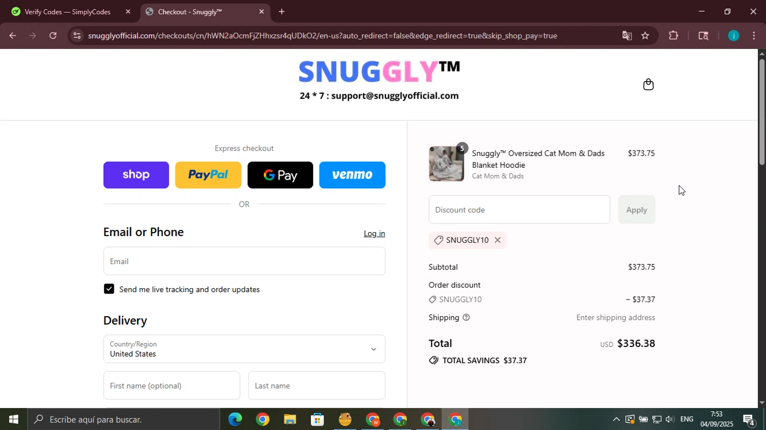 Snuggly discount code screenshot showing code SNUGGLY10 applied at Snuggly checkout page. Uploaded by SimplyCodes community member juanjo2 on Sep 4, 2025