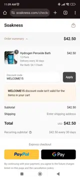 WELCOME15 coupon verification screenshot