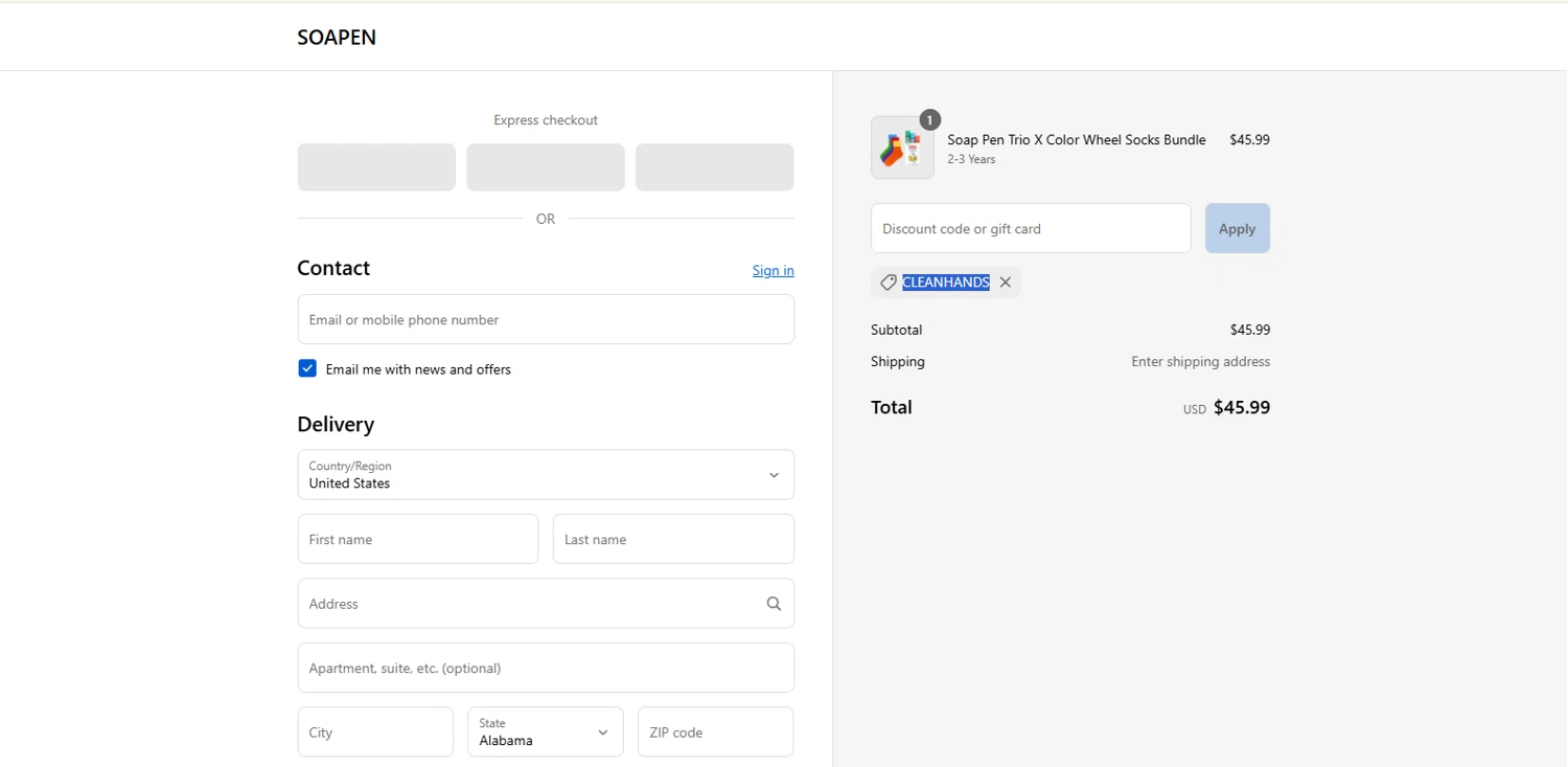 SoaPen promo code screenshot showing code CLEANHANDS applied at SoaPen checkout page. Uploaded by SimplyCodes community member kalltrom21 on Sep 11, 2025