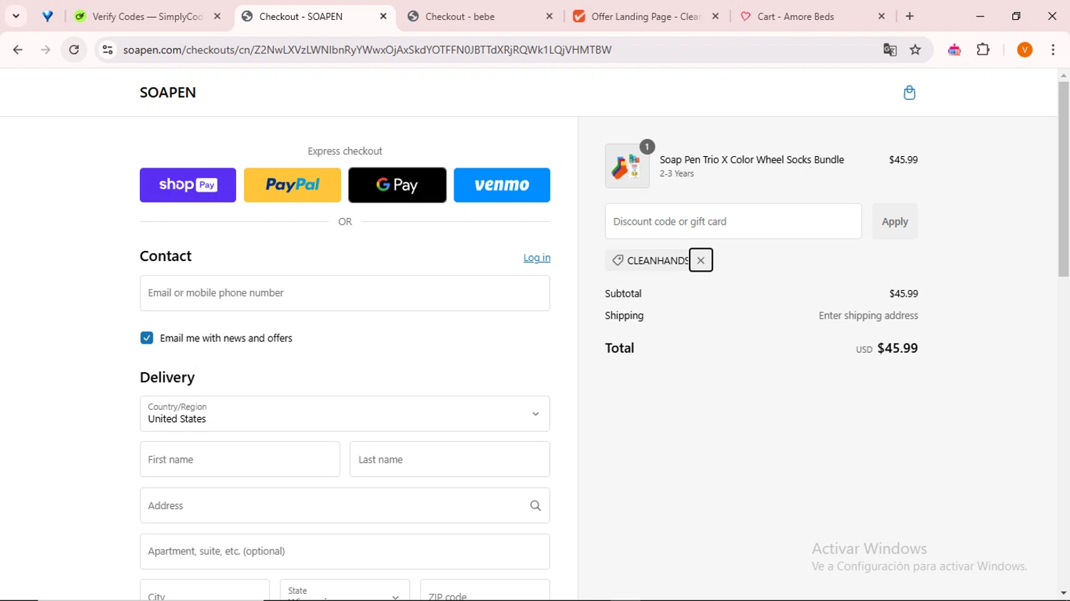SoaPen promo code screenshot showing code CLEANHANDS applied at SoaPen checkout page. Uploaded by SimplyCodes community member ExtraordinarySaver9637 on Jan 6, 2025