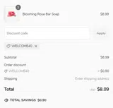 WELCOME40 coupon verification screenshot