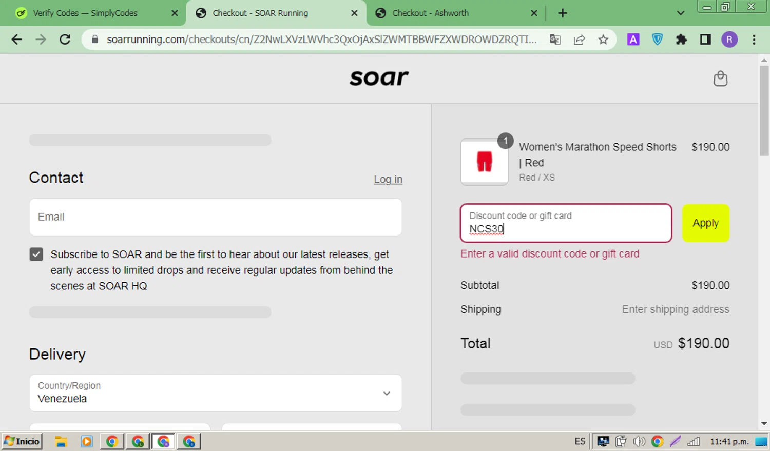 SOAR Running promo code screenshot showing code NCS30 applied at SOAR Running checkout page. Uploaded by SimplyCodes community member ThriftyMonarch5789 on May 22, 2025