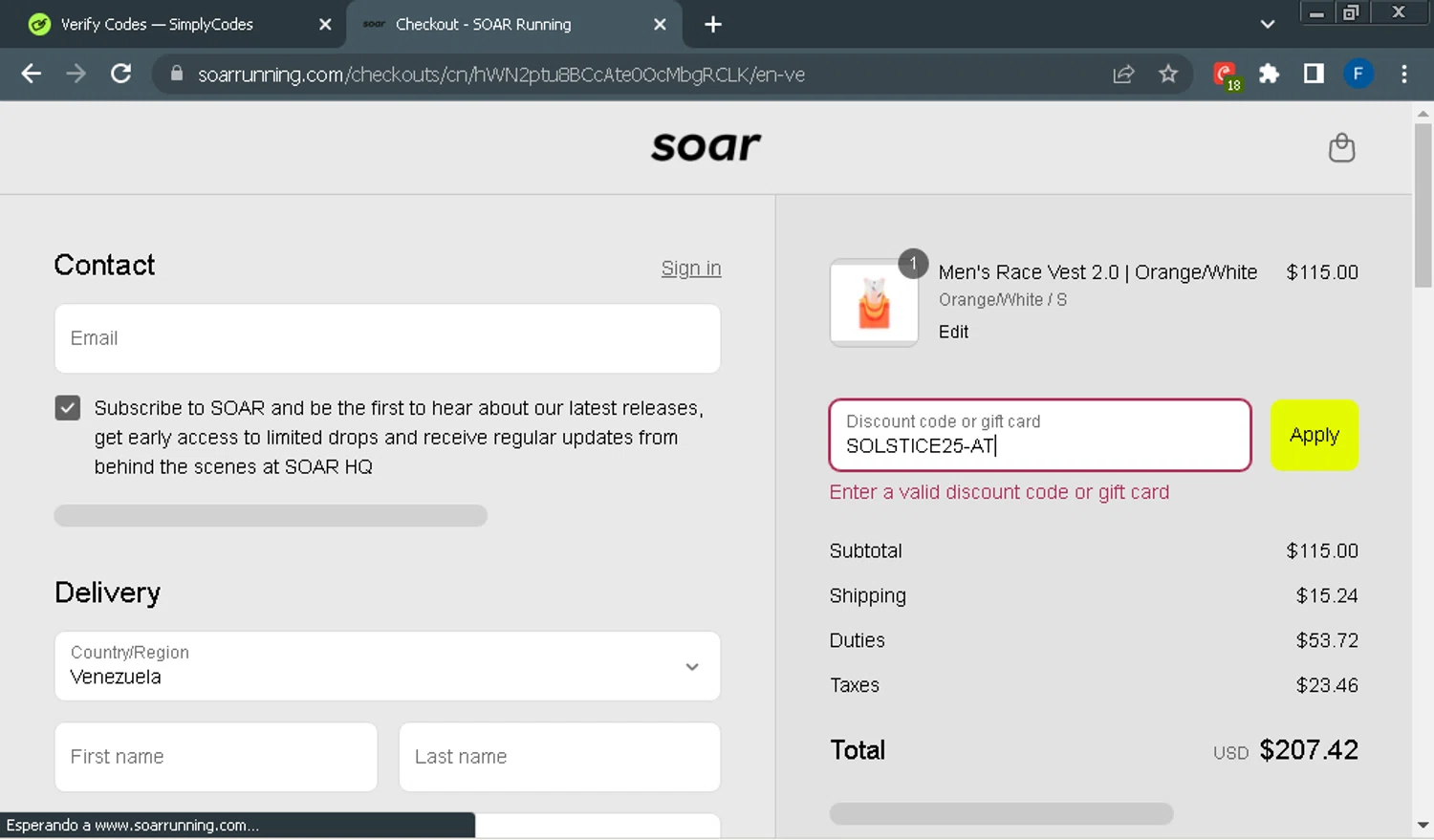 SOAR Running promo code screenshot showing code SOLSTICE25-AT applied at SOAR Running checkout page. Uploaded by SimplyCodes community member Fraimer on Sep 11, 2025