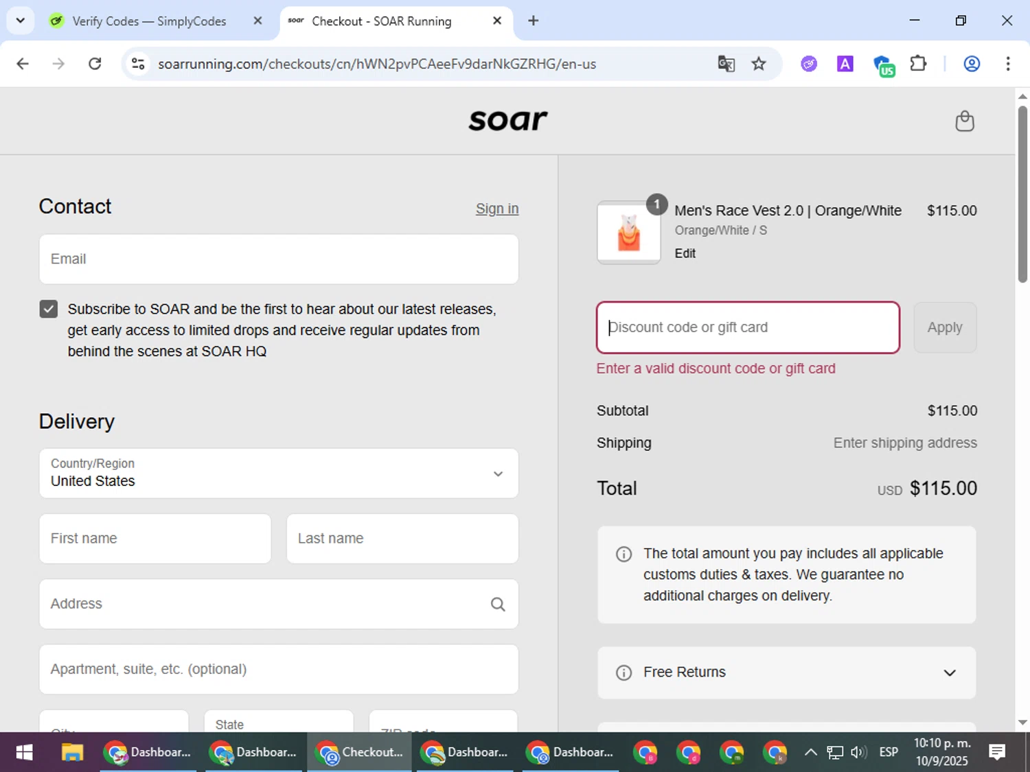 SOAR Running promo code screenshot showing code SOLSTICE25-AT applied at SOAR Running checkout page. Uploaded by SimplyCodes community member LuckyLegend792 on Sep 11, 2025