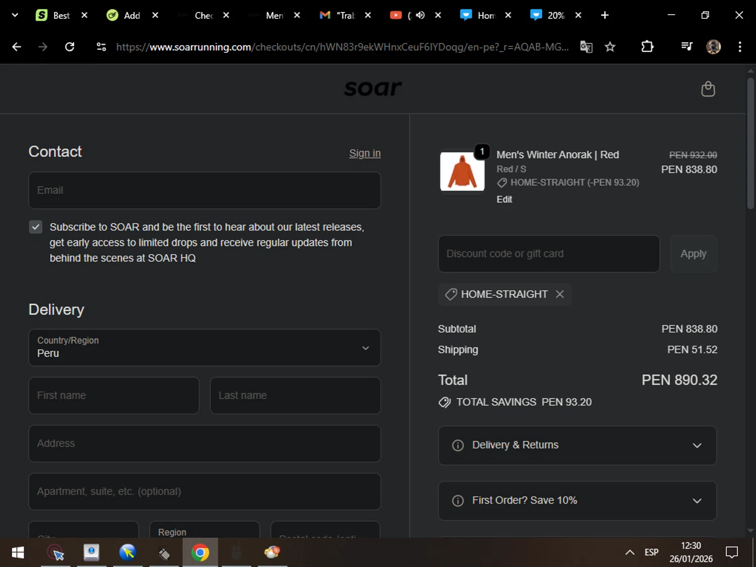 SOAR Running promo code screenshot showing code HOME-STRAIGHT applied at SOAR Running checkout page. Uploaded by SimplyCodes community member MarcosAranguren on Jan 26, 2026