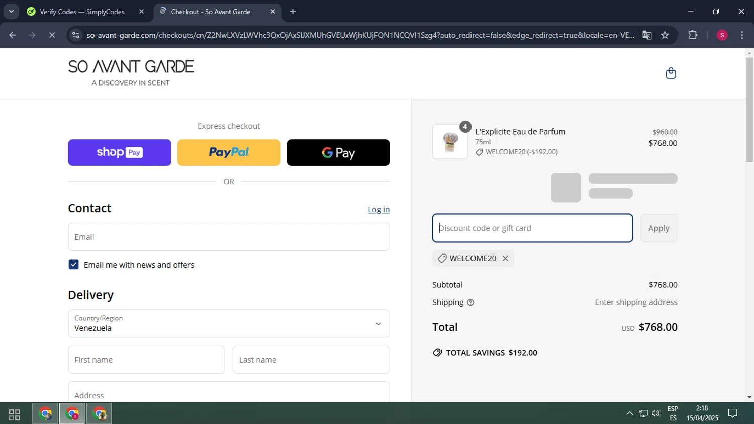 So Avant Garde discount code screenshot showing code WELCOME20 applied at So Avant Garde checkout page. Uploaded by SimplyCodes community member ELMORADO on Apr 15, 2025