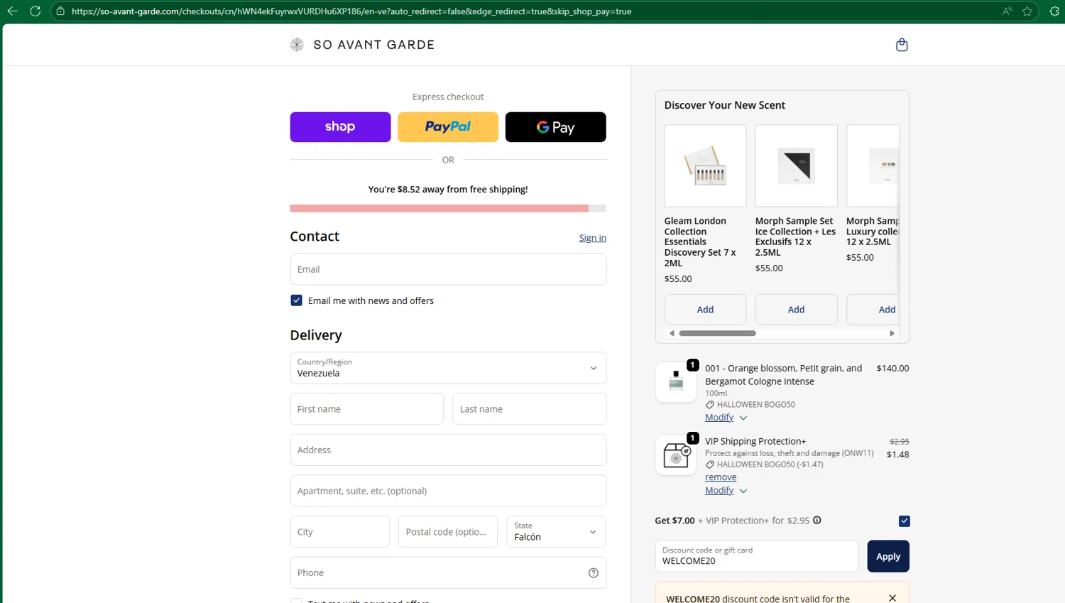 So Avant Garde discount code screenshot showing code WELCOME20 applied at So Avant Garde checkout page. Uploaded by SimplyCodes community member chepipro on Oct 29, 2025