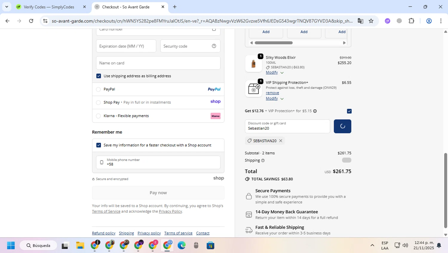 So Avant Garde discount code screenshot showing code Sebastian20 applied at So Avant Garde checkout page. Uploaded by SimplyCodes community member greulis on Nov 21, 2025
