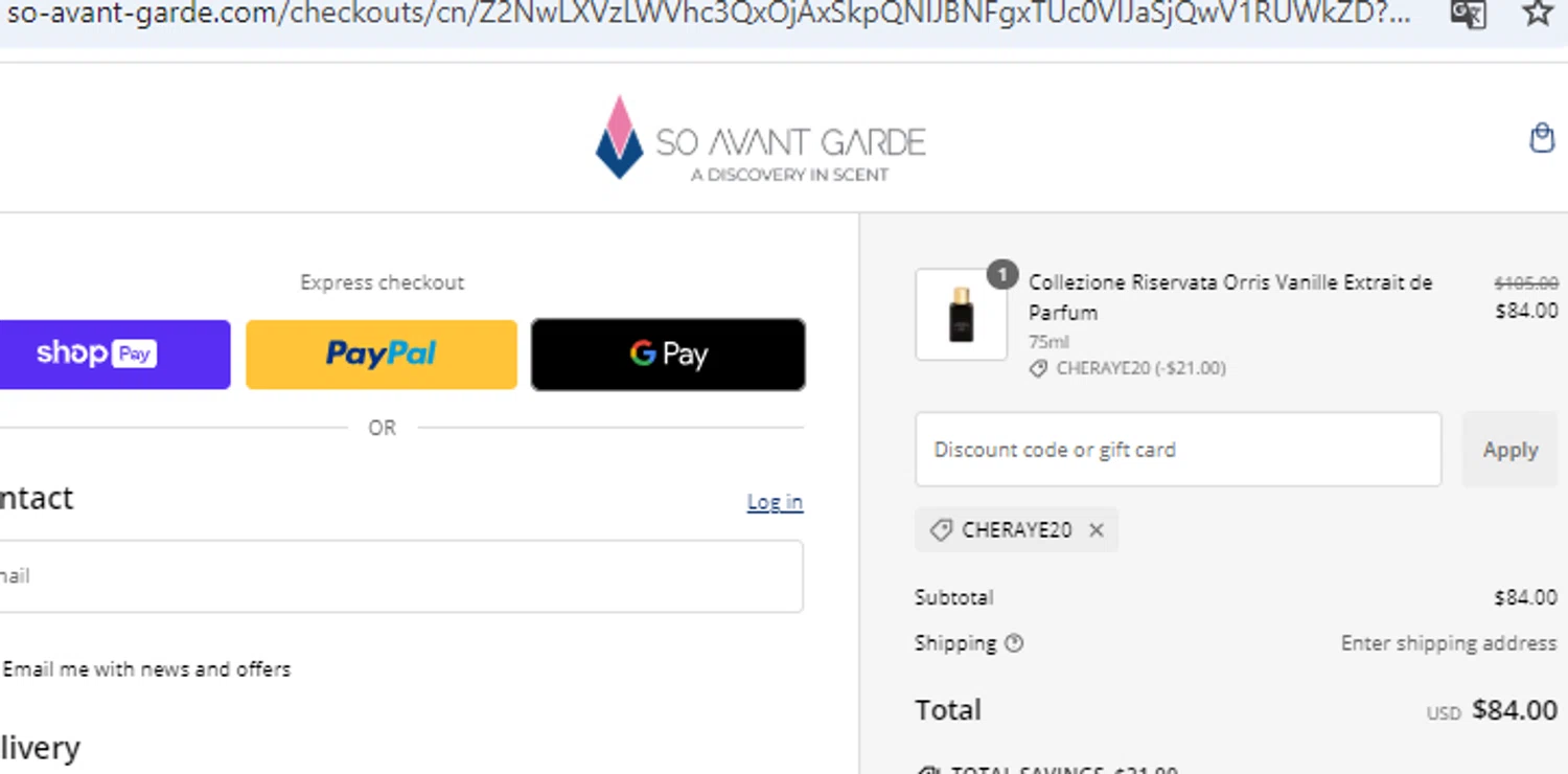 So Avant Garde discount code screenshot showing code Cheraye20 applied at So Avant Garde checkout page. Uploaded by SimplyCodes community member WiseAce8490 on Jan 28, 2025