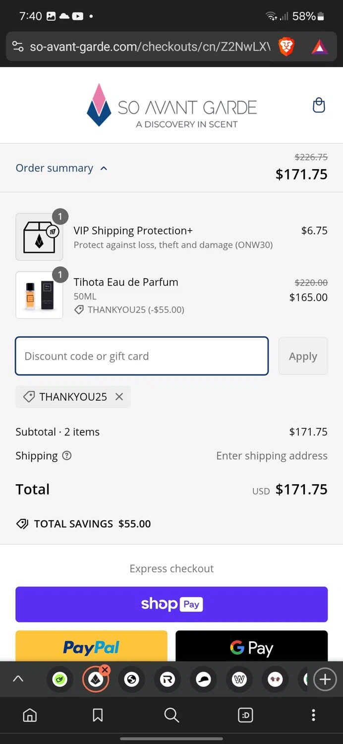 So Avant Garde discount code screenshot showing code THANKYOU25 applied at So Avant Garde checkout page. Uploaded by SimplyCodes community member conorgrey on Feb 26, 2025
