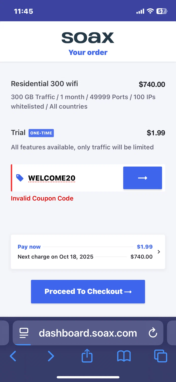 SOAX coupon code screenshot showing code WELCOME20 applied at SOAX checkout page. Uploaded by SimplyCodes community member Woodstock on Oct 16, 2025