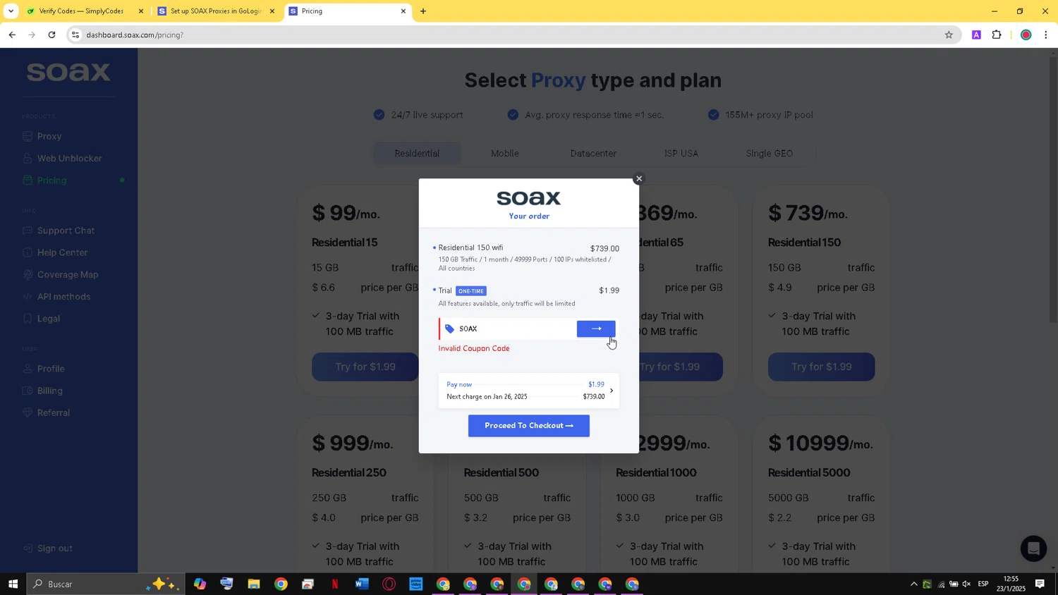 SOAX coupon code screenshot showing code SOAX applied at SOAX checkout page. Uploaded by SimplyCodes community member vip_100 on Jan 23, 2025