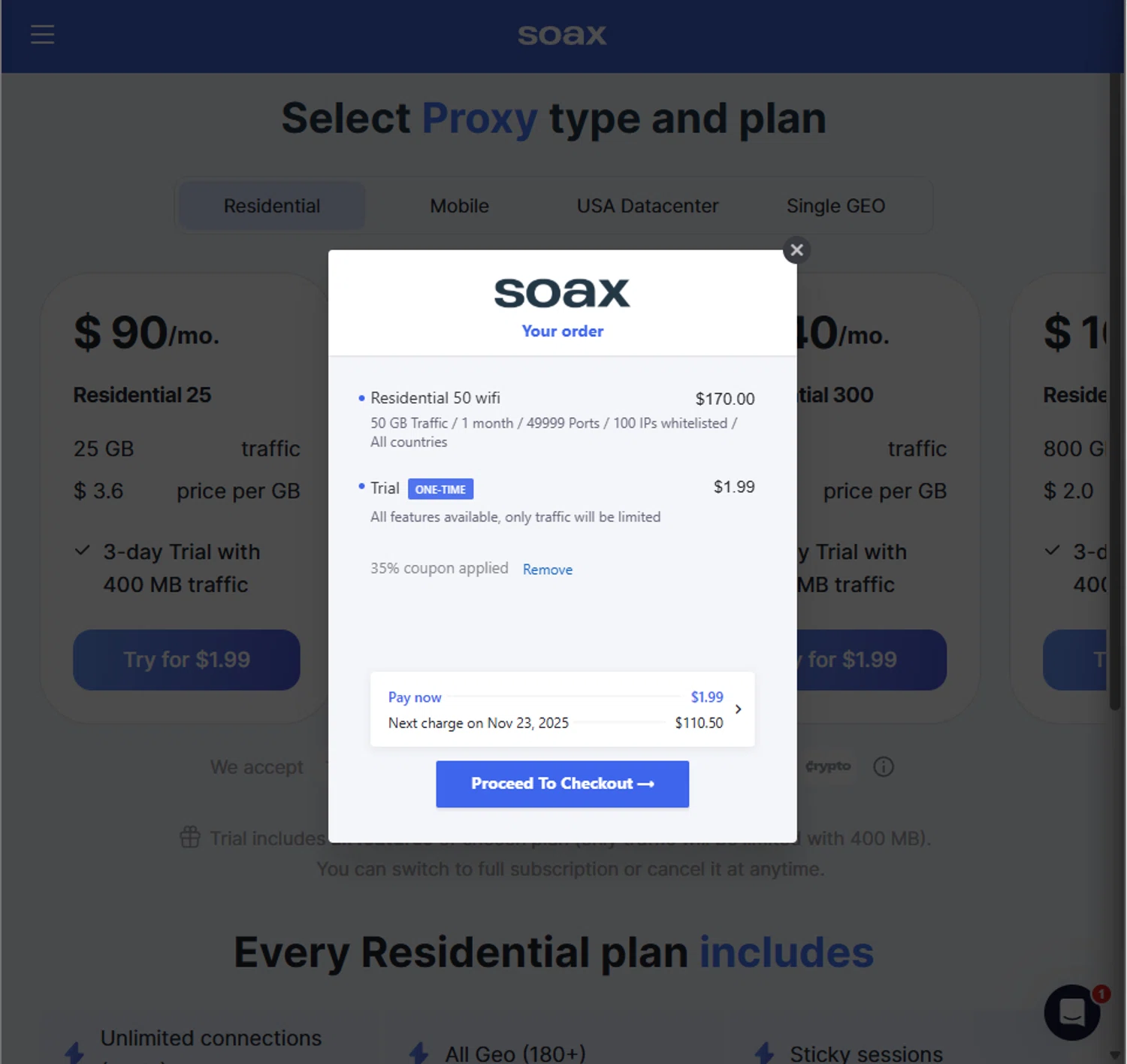 SOAX coupon code screenshot showing code PROXYWAY35% applied at SOAX checkout page. Uploaded by SimplyCodes community member PillarsofCreation on Nov 20, 2025