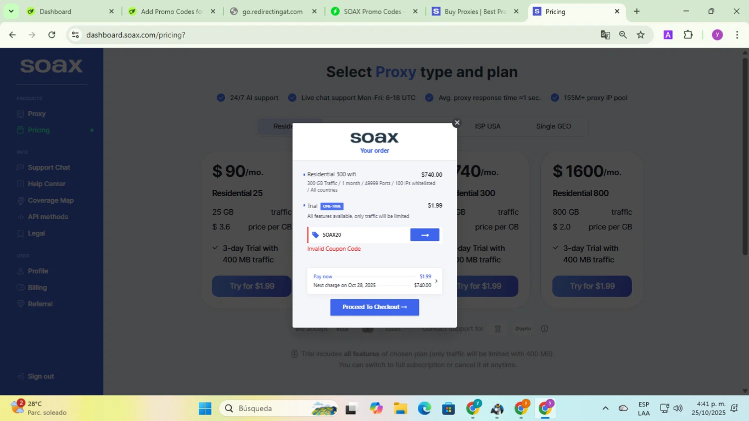 SOAX coupon code screenshot showing code SOAX20 applied at SOAX checkout page. Uploaded by SimplyCodes community member yadicg054 on Oct 25, 2025