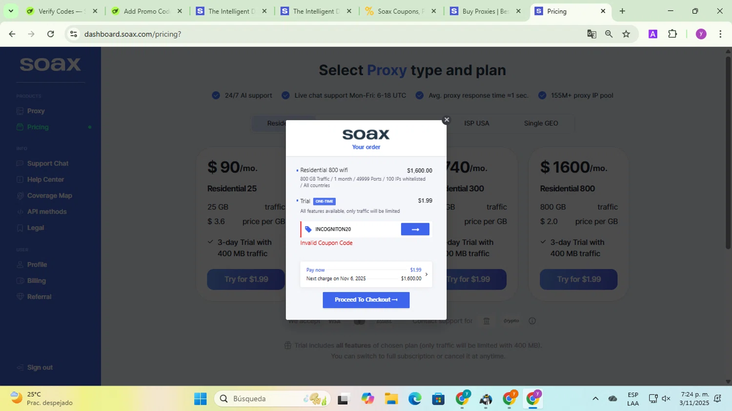 SOAX coupon code screenshot showing code INCOGNITON20 applied at SOAX checkout page. Uploaded by SimplyCodes community member yadicg054 on Nov 3, 2025