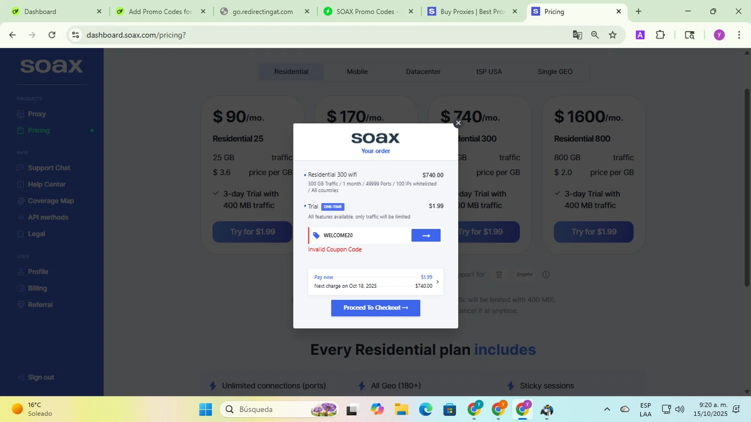 SOAX coupon code screenshot showing code WELCOME20 applied at SOAX checkout page. Uploaded by SimplyCodes community member yadicg054 on Oct 15, 2025