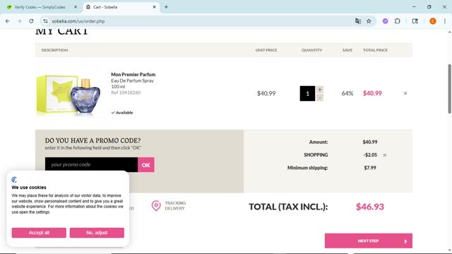 Sobelia checkout page showing Sobelia promo code box | Screenshot taken by SimplyCodes community member on Jul 1, 2025