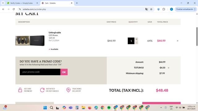 Sobelia checkout page showing Sobelia promo code box | Screenshot taken by SimplyCodes community member on Jul 20, 2025