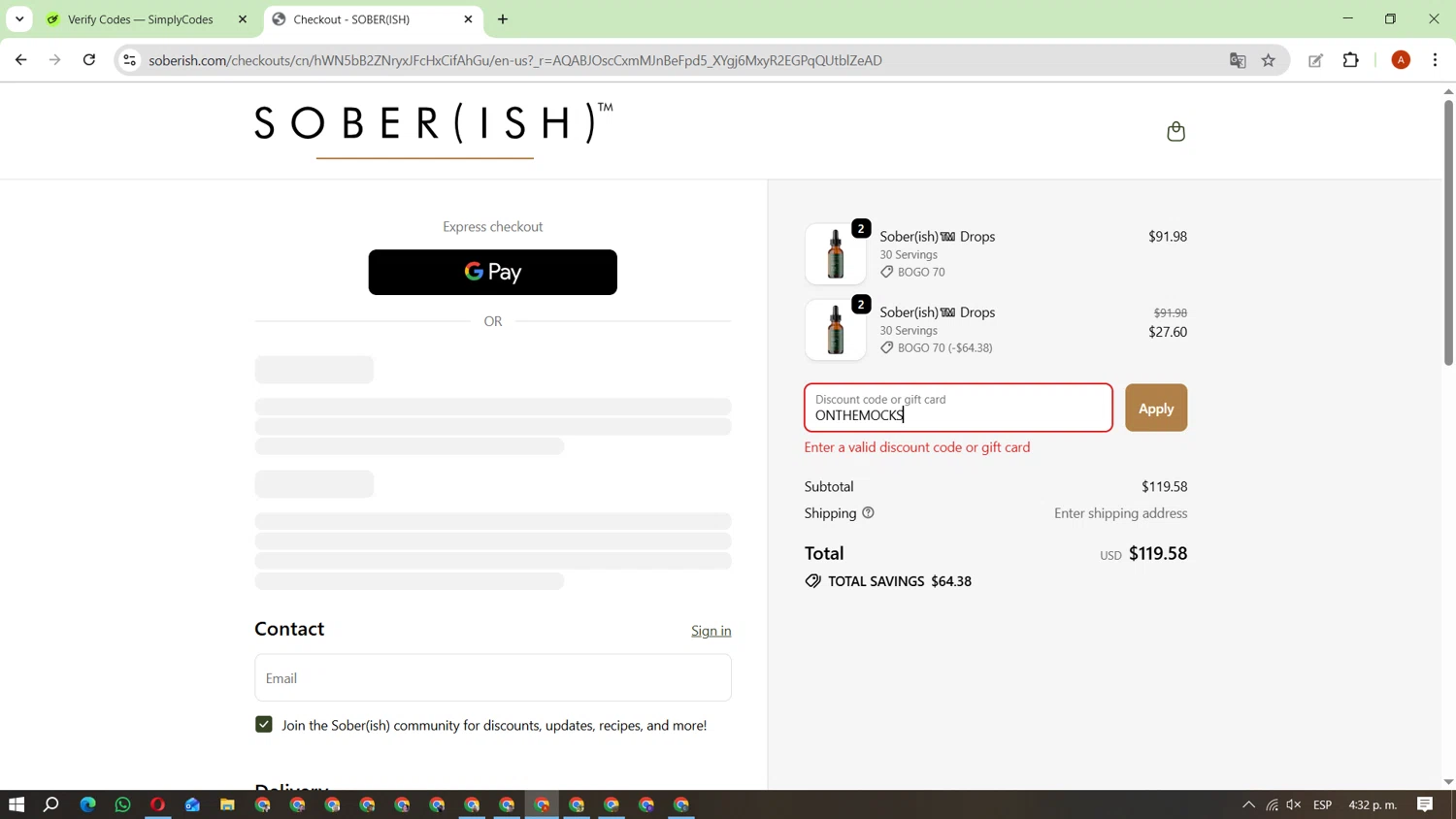 Sober(ish) discount code screenshot showing code ONTHEMOCKS applied at Sober(ish) checkout page. Uploaded by SimplyCodes community member FundoKadmiel on Nov 22, 2025