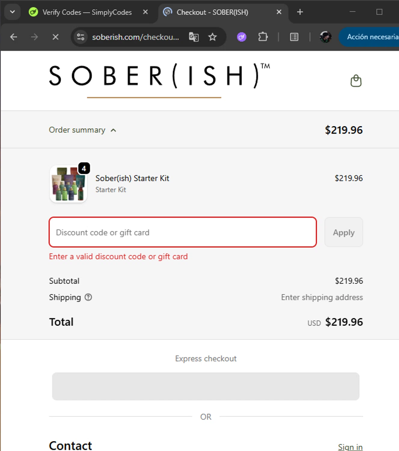 Sober(ish) discount code screenshot showing code ONTHEMOCKS applied at Sober(ish) checkout page. Uploaded by SimplyCodes community member cuticula on Nov 22, 2025