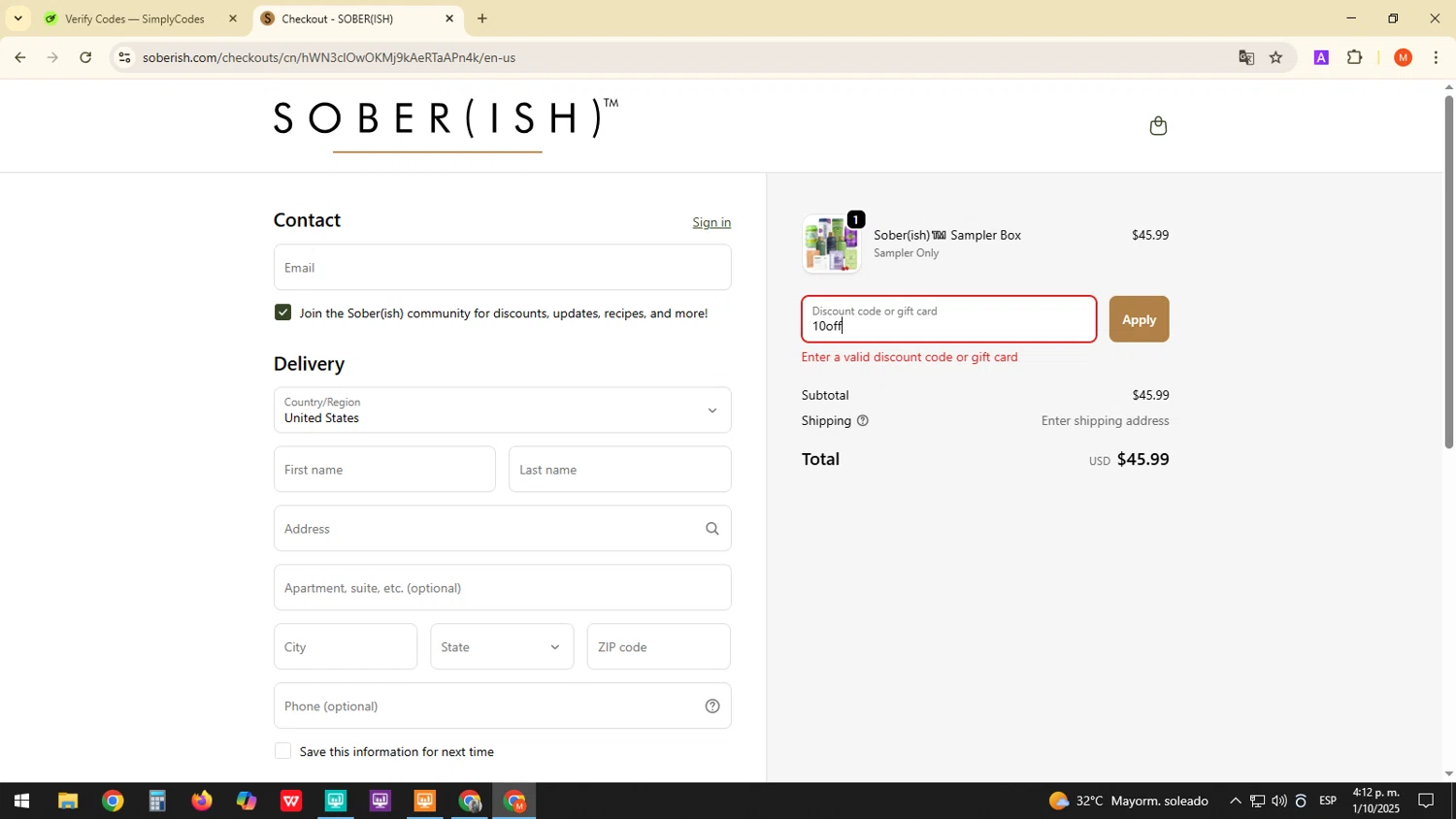 Sober(ish) discount code screenshot showing code 10off applied at Sober(ish) checkout page. Uploaded by SimplyCodes community member ExtraordinaryDefender1444 on Oct 1, 2025