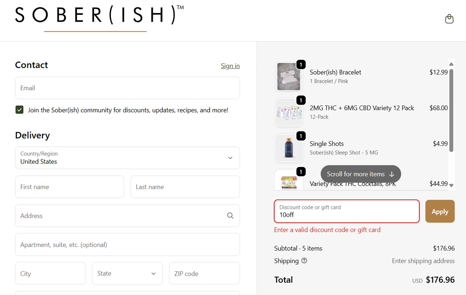Sober(ish) discount code screenshot showing code 10off applied at Sober(ish) checkout page. Uploaded by SimplyCodes community member JasnibelEgu on Oct 1, 2025