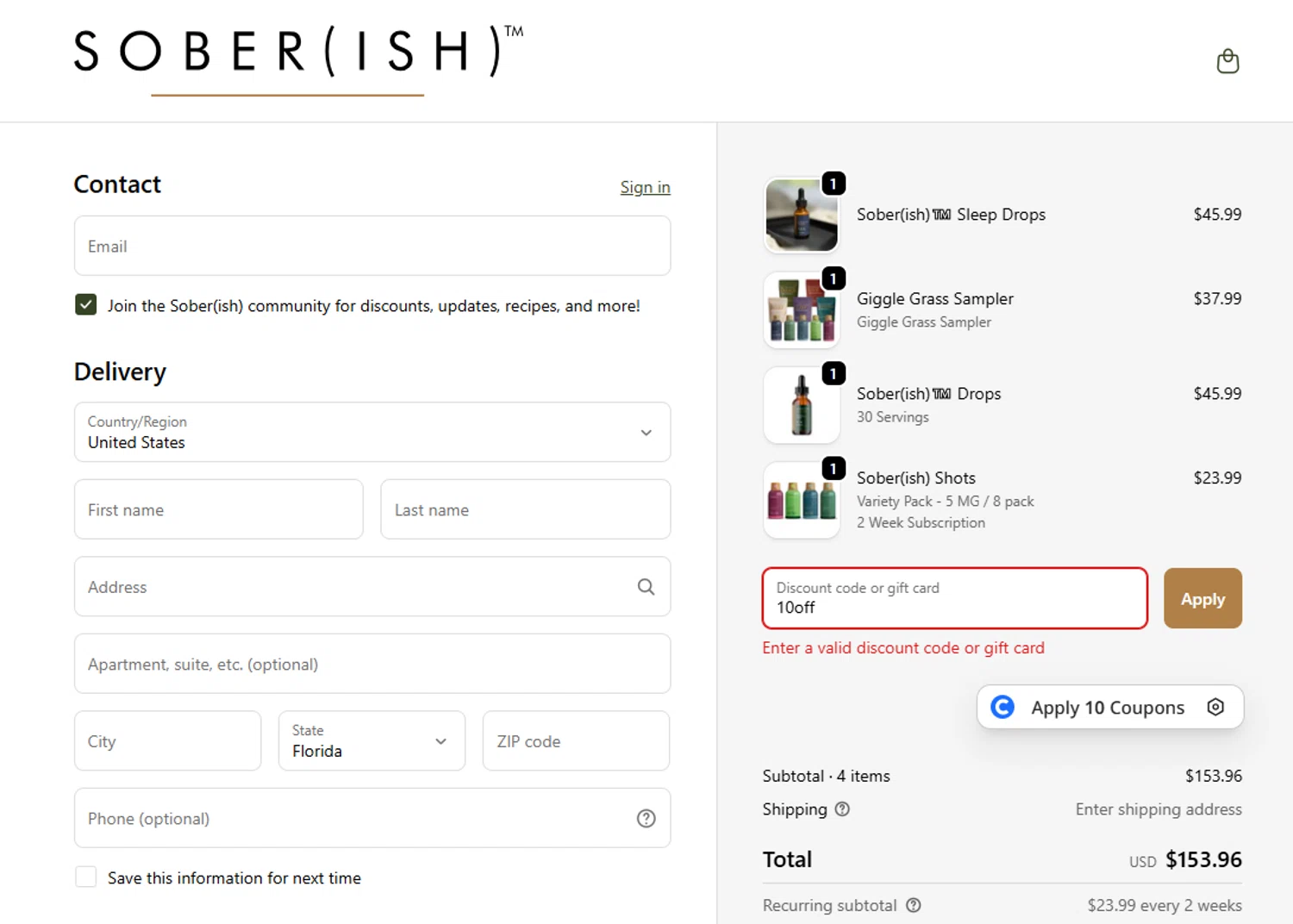 Sober(ish) discount code screenshot showing code 10off applied at Sober(ish) checkout page. Uploaded by SimplyCodes community member SavvyCurator5307 on Oct 1, 2025